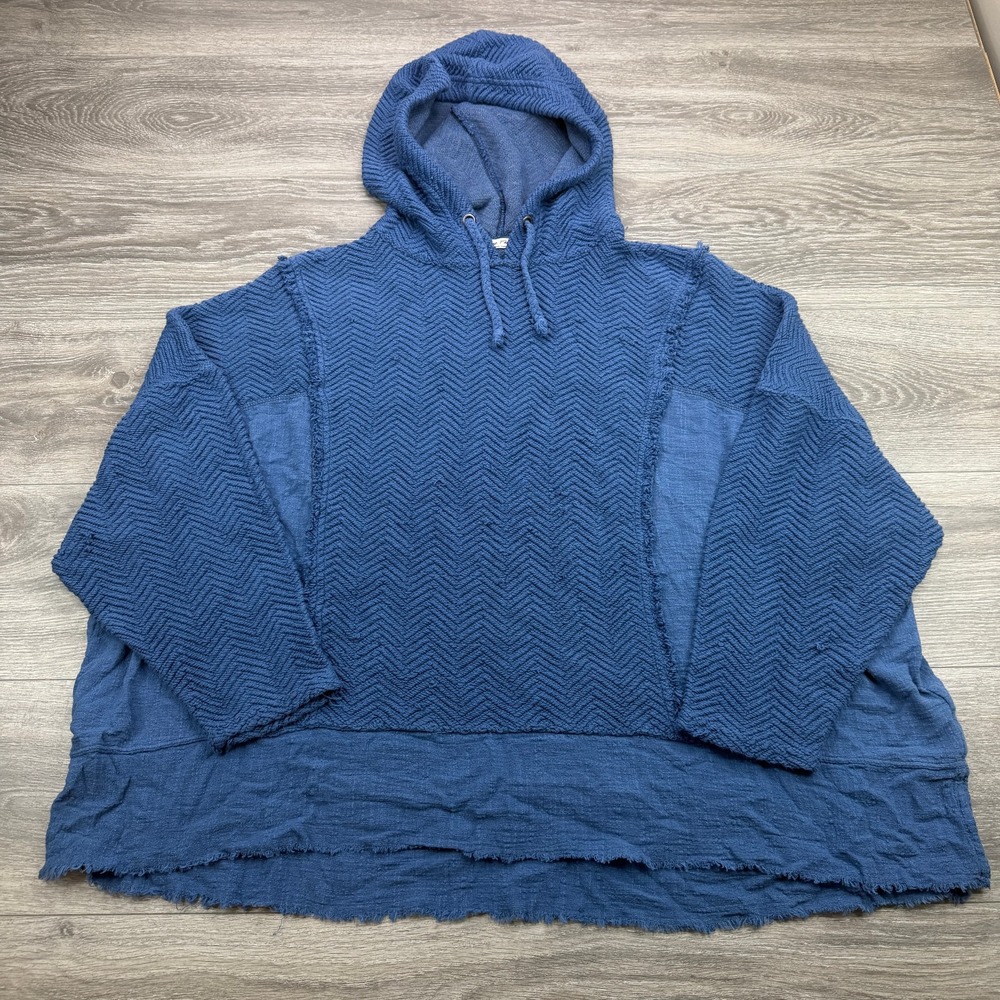 Free People Hoodie Womens Small Blue Raw Hem Oversized Textured Knit Pullover
